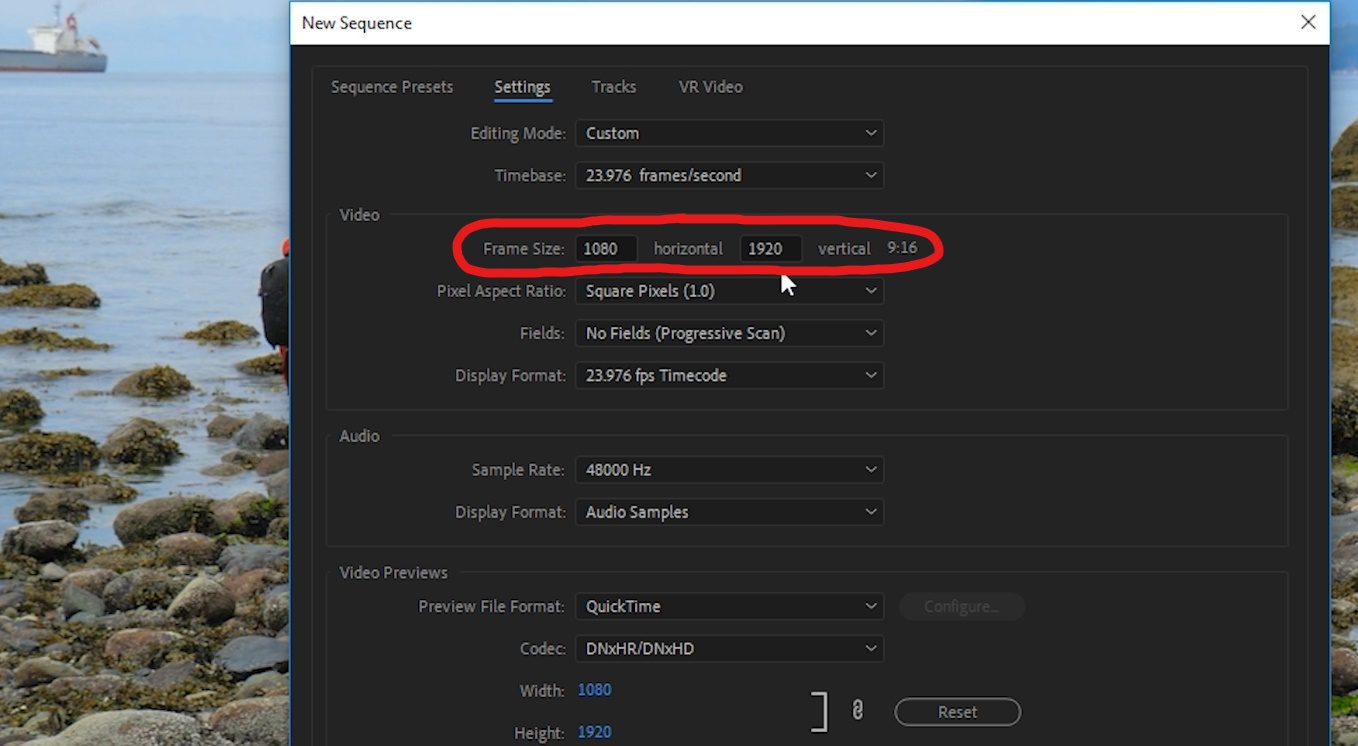A screenshot of the New Sequence settings inside Premiere Pro with Frame Size highlighted. This is where you will adjust your aspect ratio.