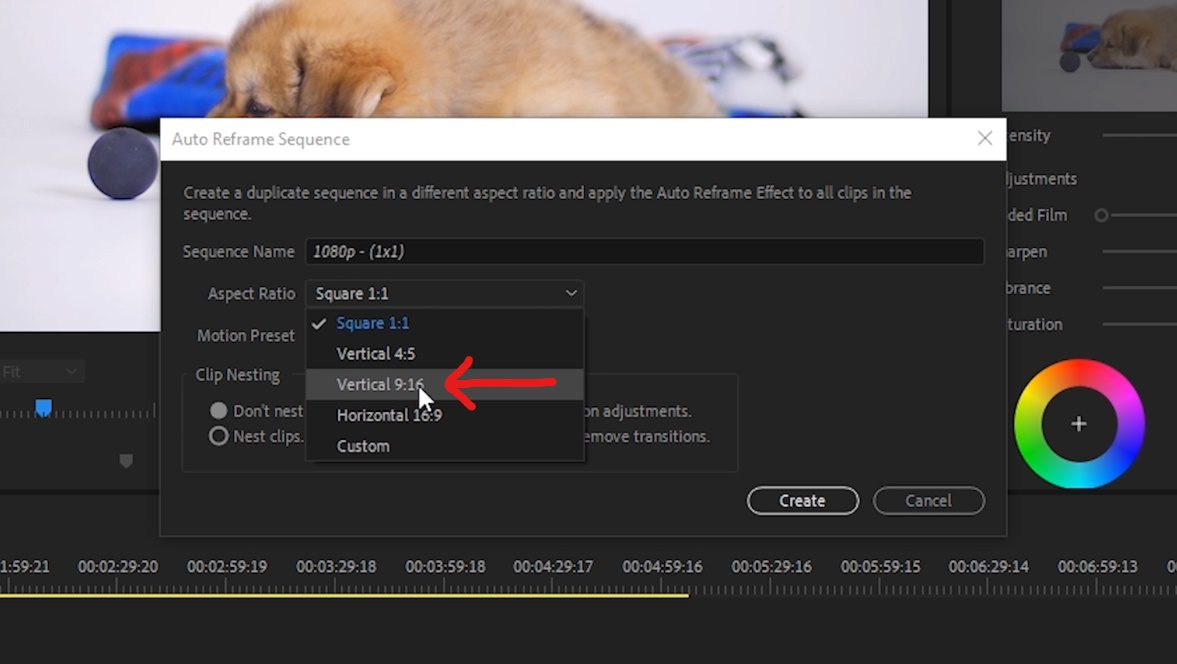 Screenshot of the Auto Reframe Sequence menu inside Premiere Pro with the aspect ratio drop-down menu open and Vertical 9:16 highlighted.