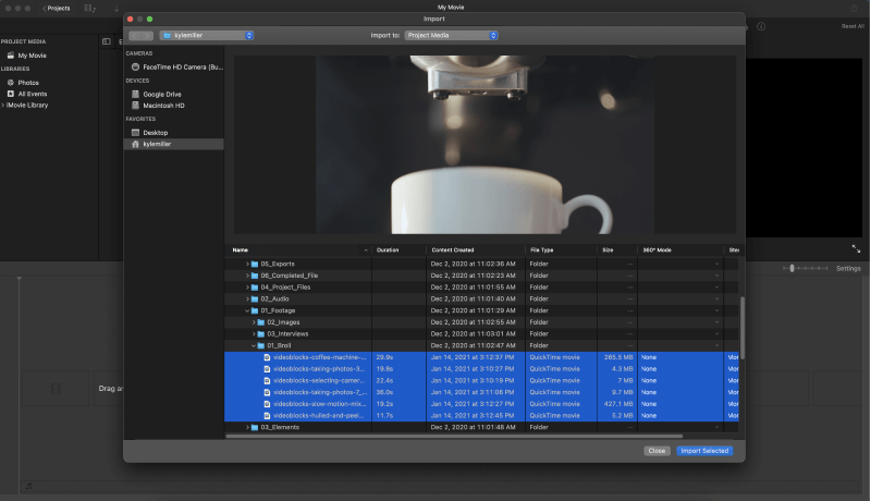 Select files and import in iMovie