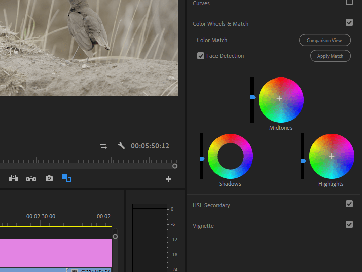 Screenshot of Premiere Pro's Color Wheel & Match tab showing how to adjust the color wheels.