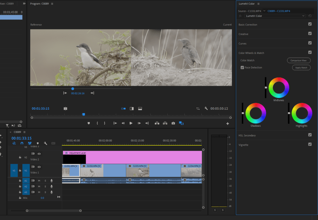A screenshot of Premiere Pro showing where the "Apply Match" button is located within the Color Wheels & Match tab.