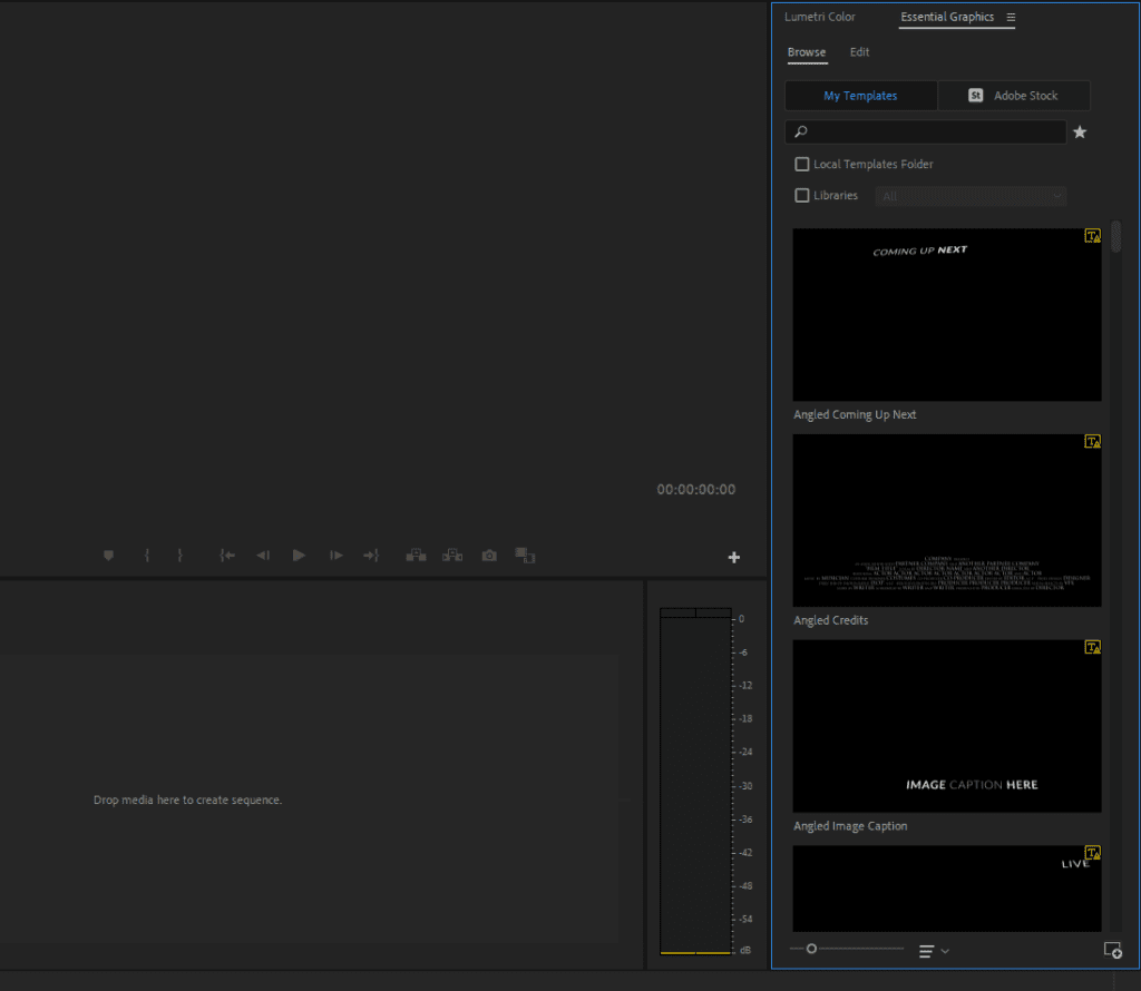 A screenshot of Premiere Pro's Essential Graphics panel showing the Add Template icon in the lower-right corner.