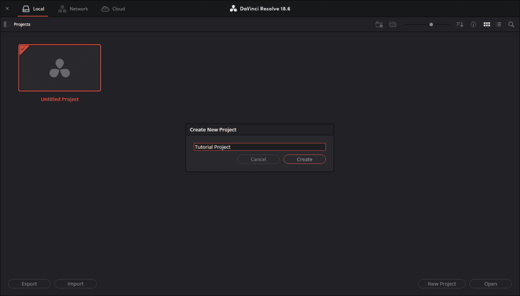 A screenshot of DaVinci Resolve showing how to name a new project.
