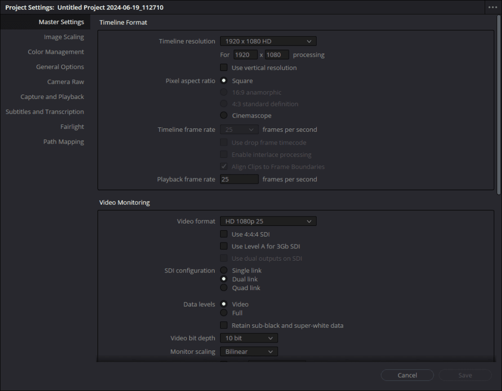 A screenshot of DaVinci Resolve's Project Settings page, showing the Timeline frame rate and Timeline resolution settings.