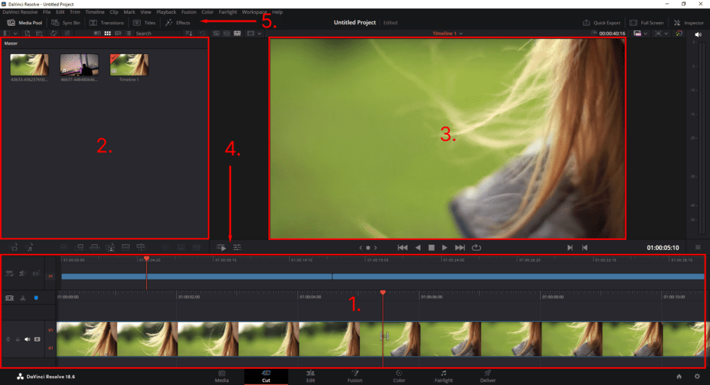 Screenshot of DaVinci Resolve's Cut page showing the location of the Timeline, Media Pool, Viewer, Toolbar, and other settings.
