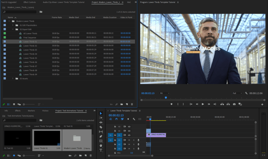 A screenshot of Premiere Pro's interface showing how to drag and drop a lower thirds template onto your timeline.
