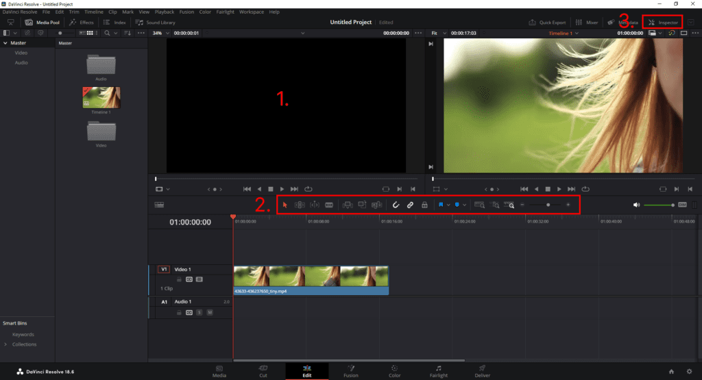 Screenshot of DaVinci Resolve's Cut page highlighting the dual viewers, editing toolbar, and Inspector button.
