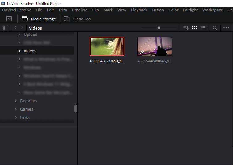 A screenshot of DaVinci Resolve's Media Pool, showing how to drag and drop video files from the directory to the pool.
