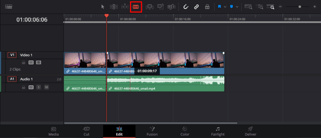 Screenshot of DaVinci Resolve's Edit page with the Blade tool highlighted.