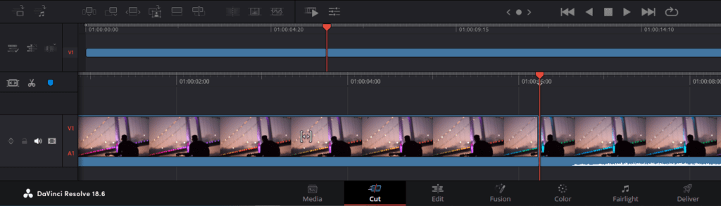 A screenshot of the Timeline showing a clip that's been cut with the Split Clip tool.