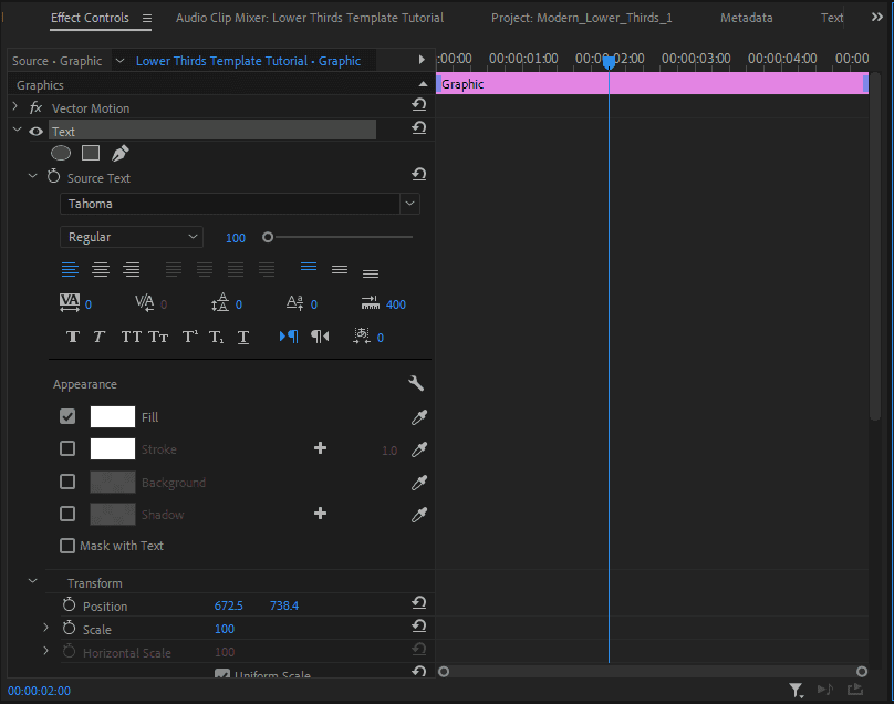 A screenshot of Premiere Pro's Effect Controls panel showing the text customization options.