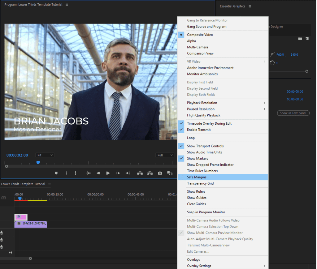 A screenshot showing how to select Safe Margins to keep your lower thirds template in a good position.