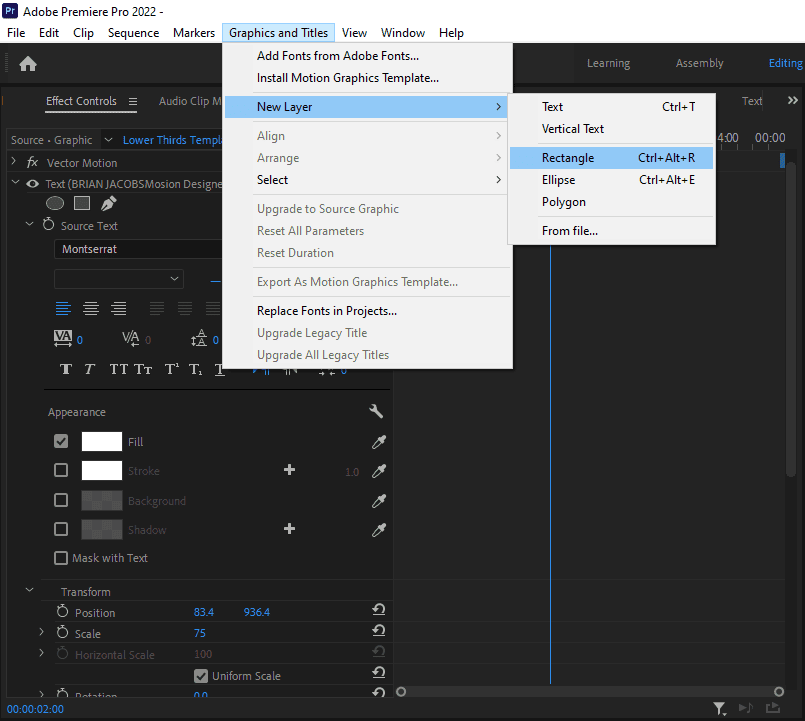 A screenshot showing how to add a Rectangle layer via the Graphics and Titles drop-down menu.