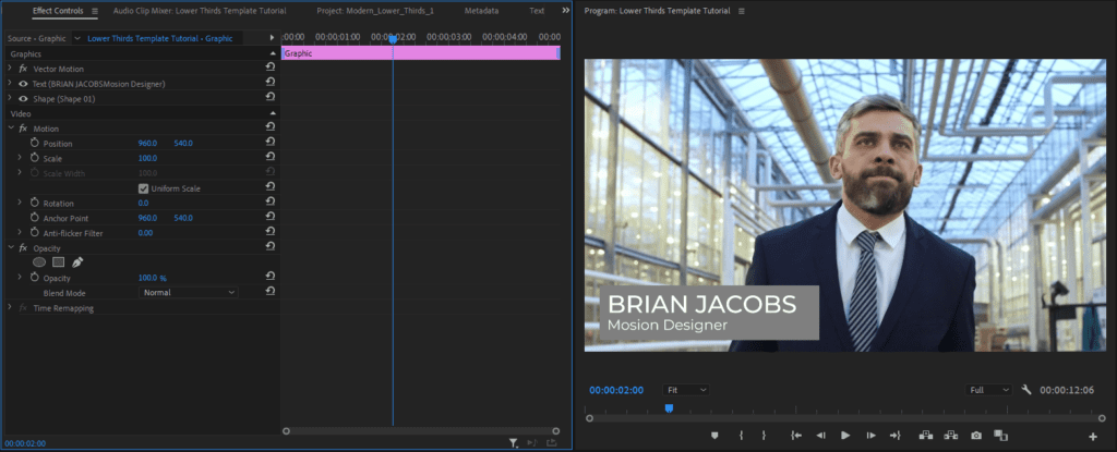 A screenshot of Premiere Pro's interface showing the shape layer below the text layer in the Effect Controls panel.