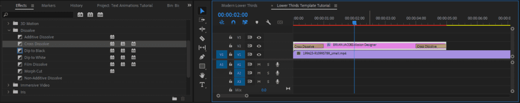 A screenshot of Premiere Pro's timeline panel showing how to apply video transitions to your template.